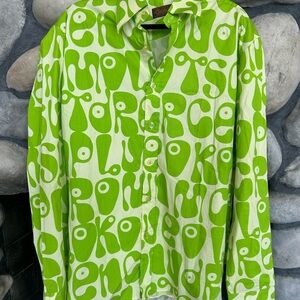 Casual Green and Cream Button Down Shirt with Abstract Patterns